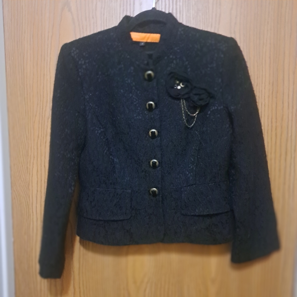 Cynthia Steffe Black Tweedy/Lace Fitted Wool Blazer W/ Peplum Hem  Sz 4